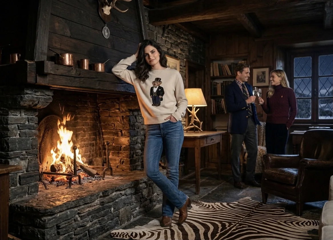 Look donna accanto al camino in un ambiente accogliente