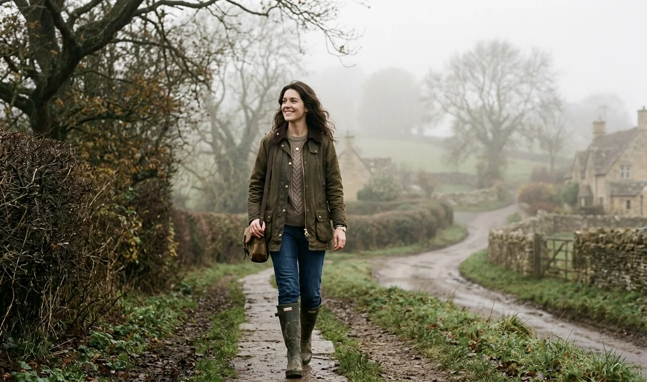 Ragazza in un paesaggio di campagna con la foschia